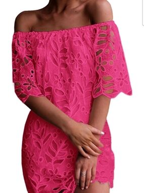 Pretty Garden Chic Hot Pink Off-Shoulder Lace Dress